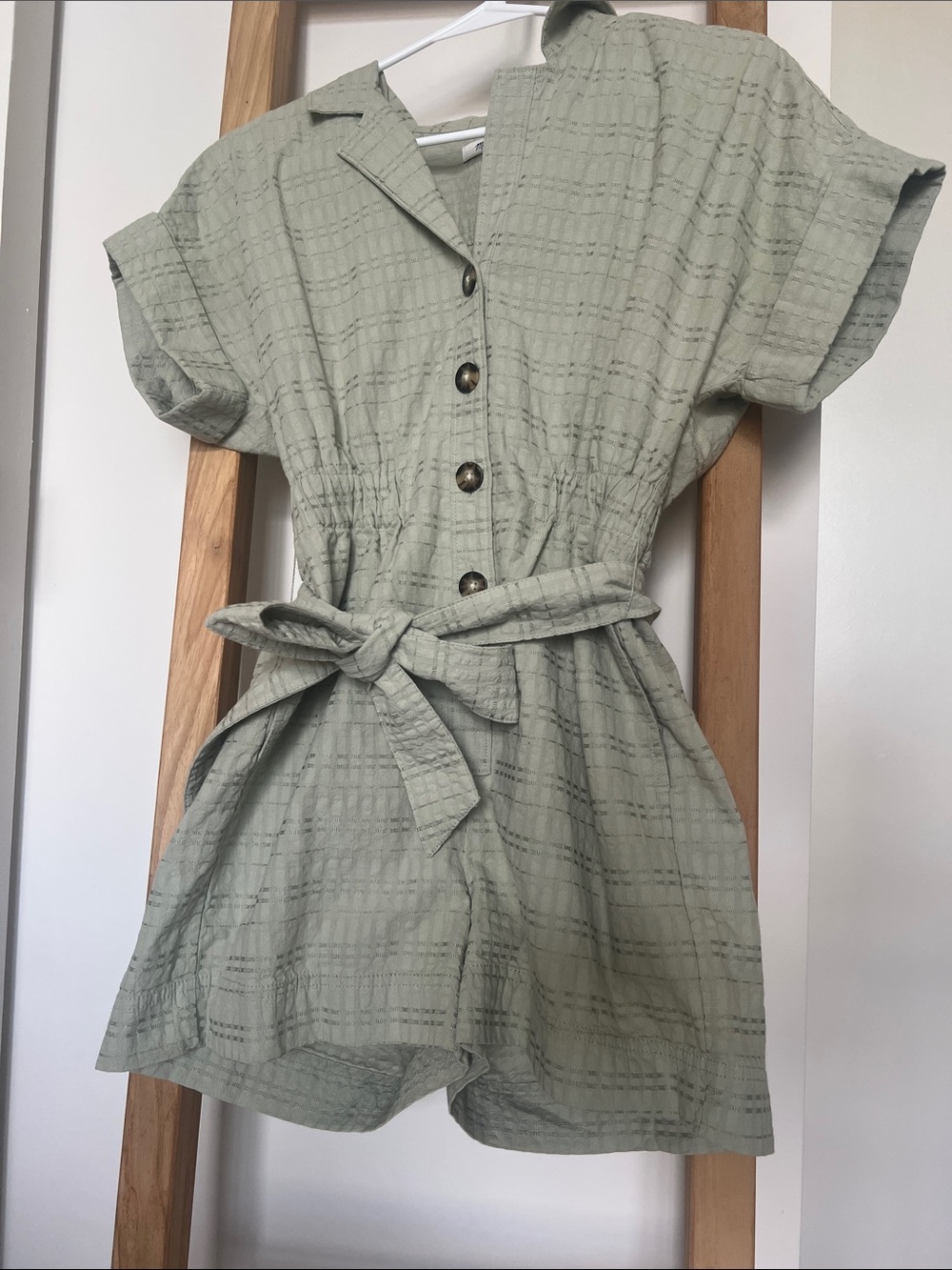 Madewell Girls Light Sage Green Button Romper with Tie Waist